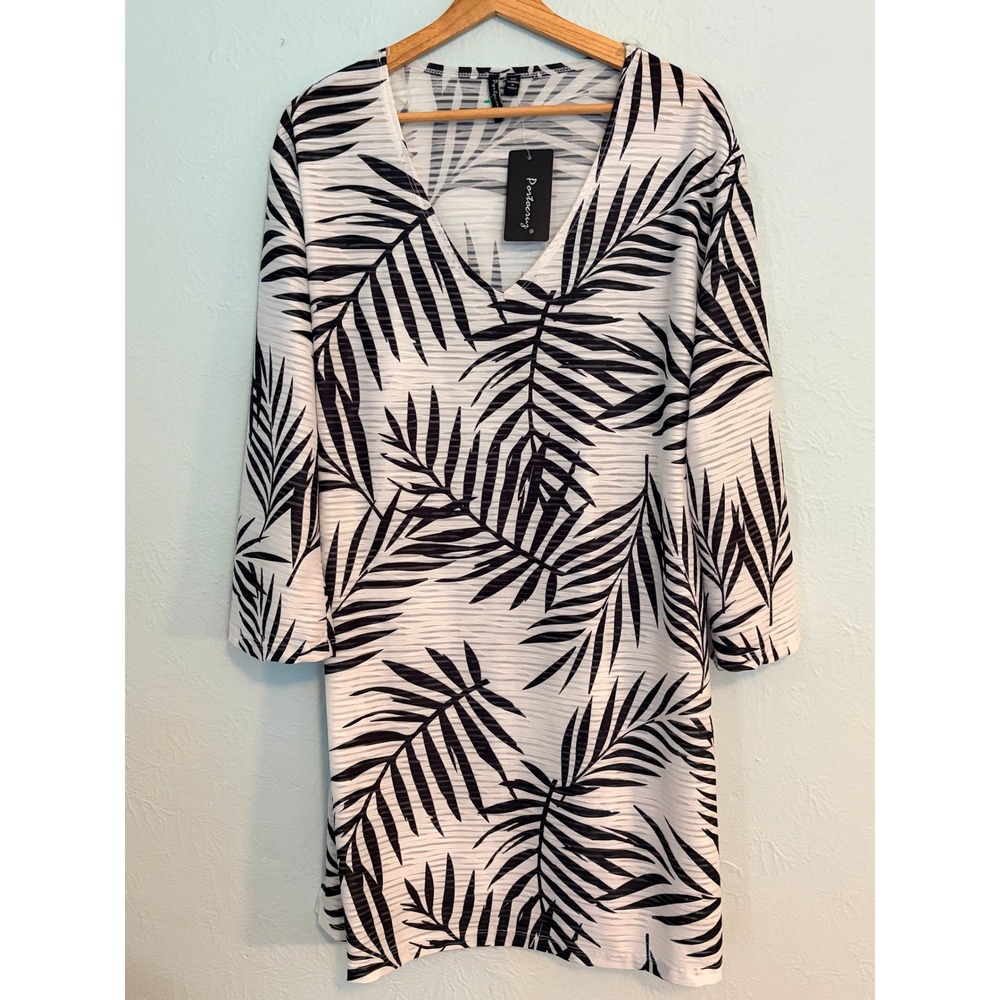 Portocruz Palm Leaf Tunic Top XXL Black White V Neck 3/4 Sleeve NWT Beach Summer